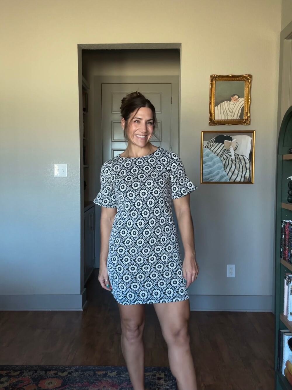 LOFT Floral Knit Relaxed Shift Dress Flounce Sleeve XXS